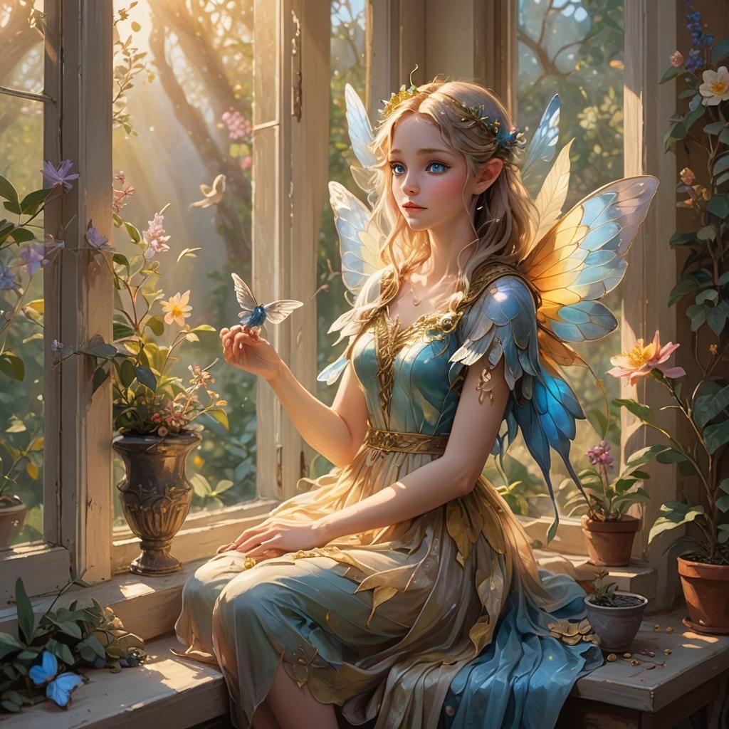 Winged Fairy on Windowsill in Golden Light