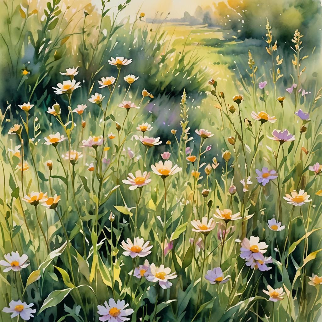 Impressionist Wildflower Field in Watercolor Style