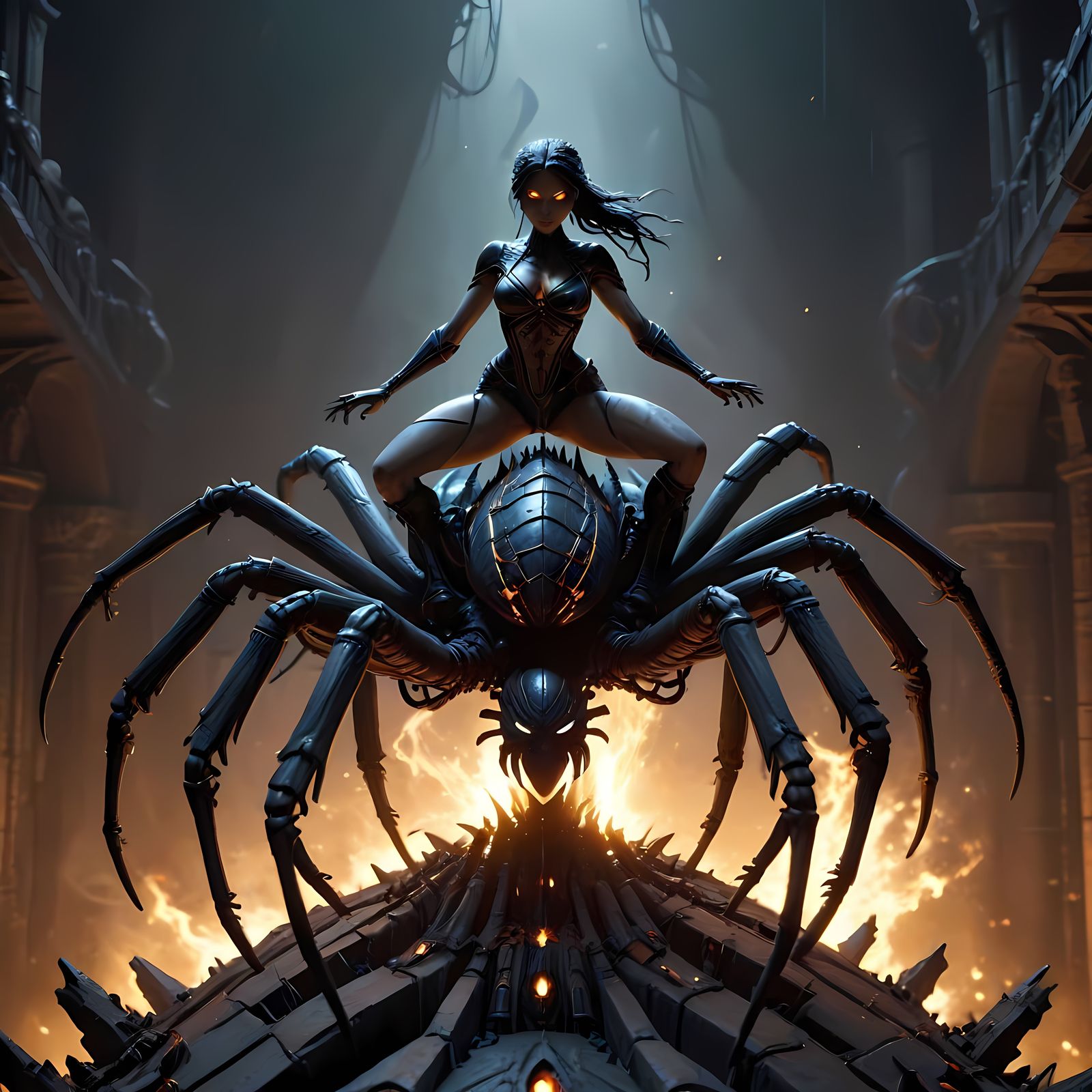 Sorceress Rides Mechanical Spider in Animated Hellscape
