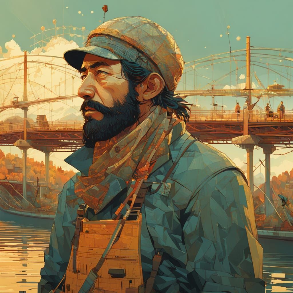 Withered Fisherman on Sunny River Bridge
