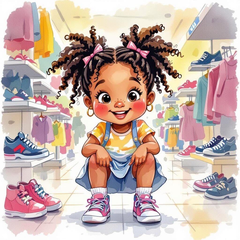 Girl with Braids Shopping for Shoes, Watercolor Style