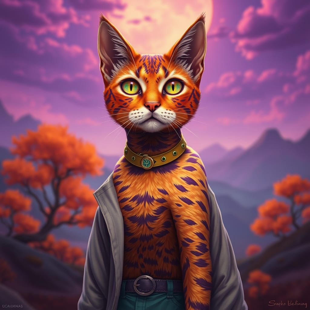 Surreal Cat in a Fantastical Landscape with Glowing Skies