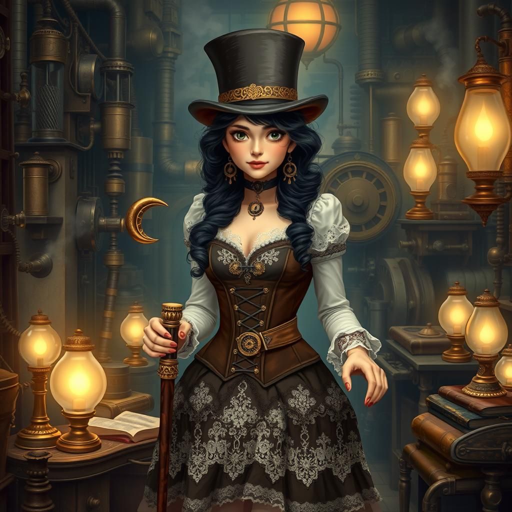 Steampunk Lady in a Gear-Filled Workshop