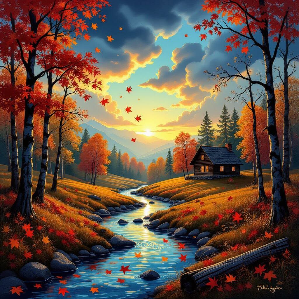 Cosmic Autumn Valley with River and Cabin