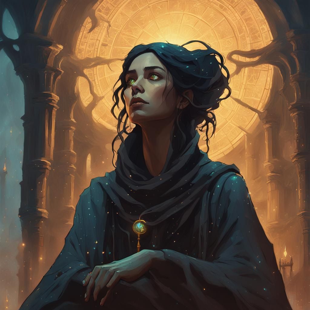 Sorceress in Shadowy Tower: Digital Fantasy Art