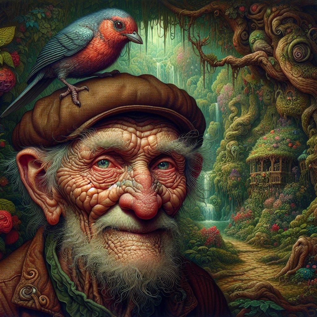 Elderly Man with Bird: Fantasy Art Portrait