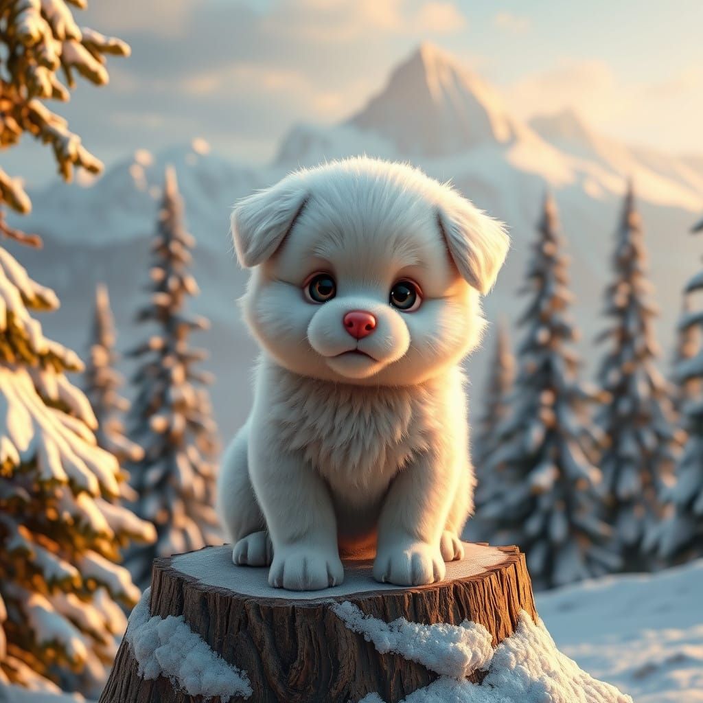 Adorable Puppy Surrounded by Snowy Alpine Peaks