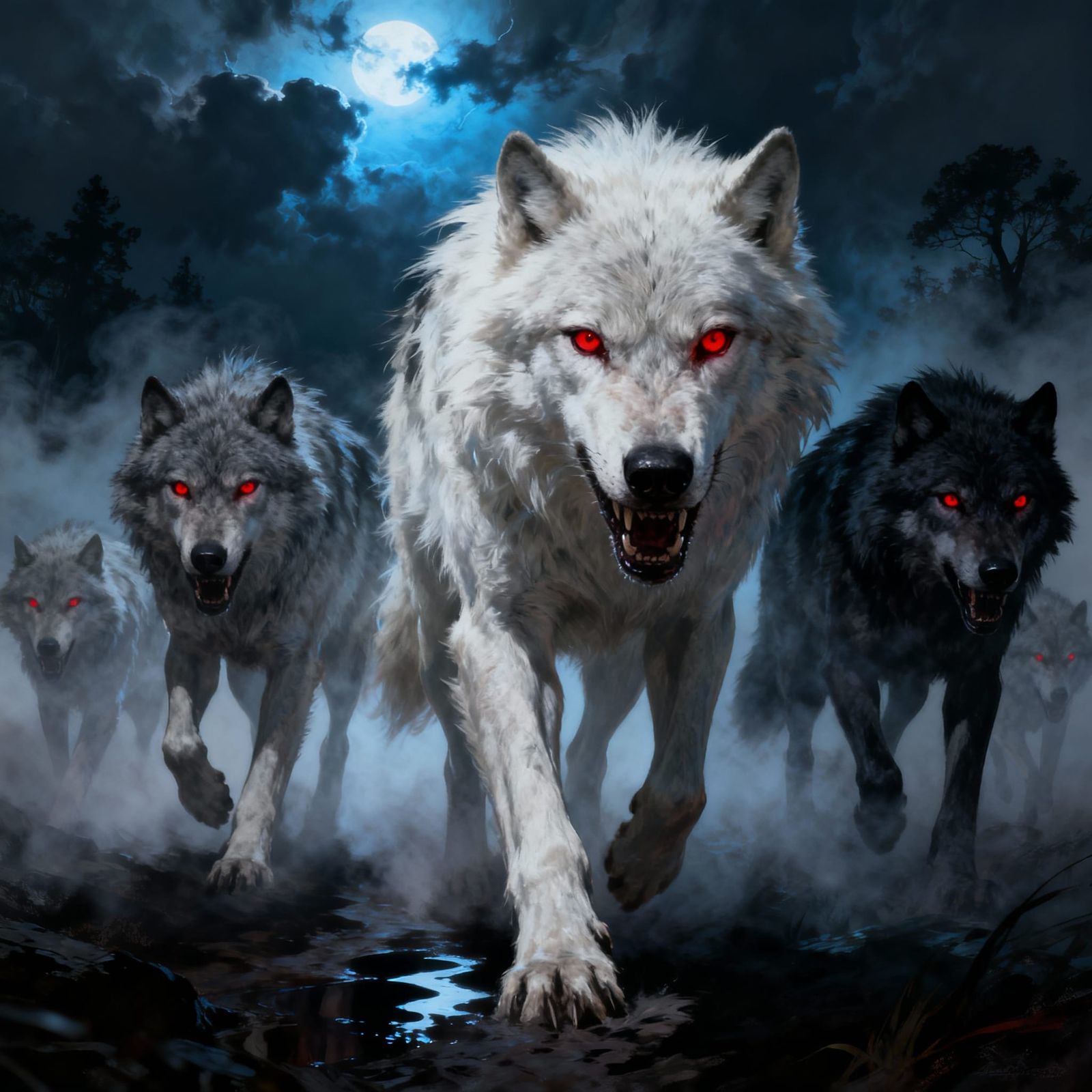 Determined Wolves With Red Eyes March Forward