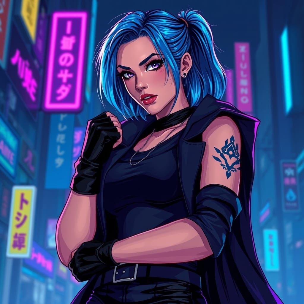 Young Woman with Electric Blue Hair and Violet Eyes, Ready t...