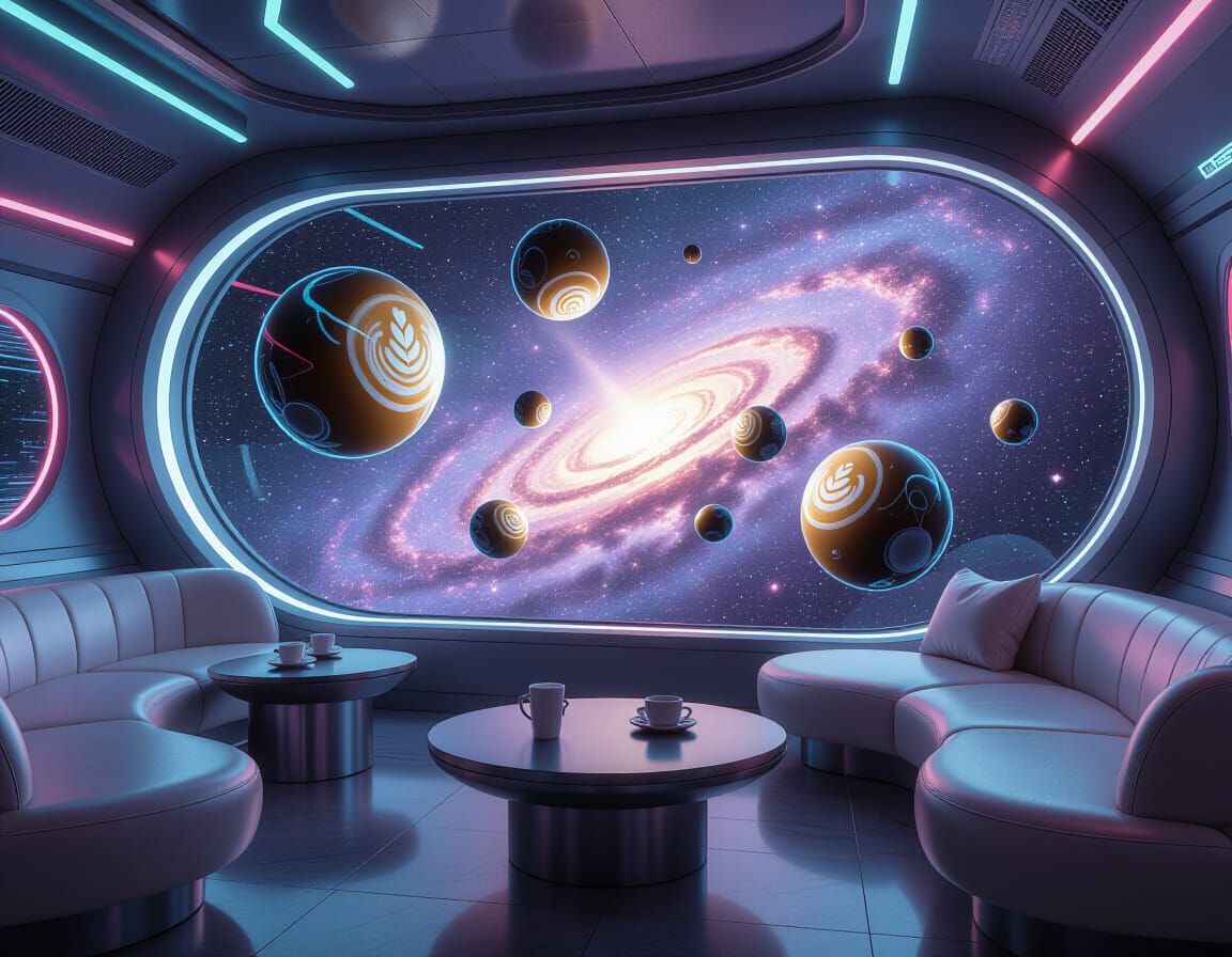 Galactic Coffee Lounge: Futuristic Interior with Floating Bl...