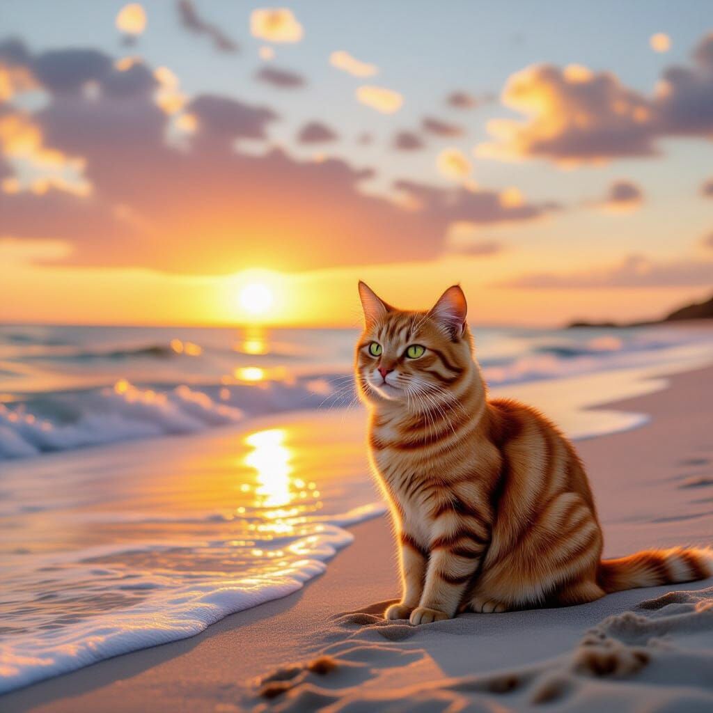 Cute Cat on Beach at Sunset, Impressionistic Style