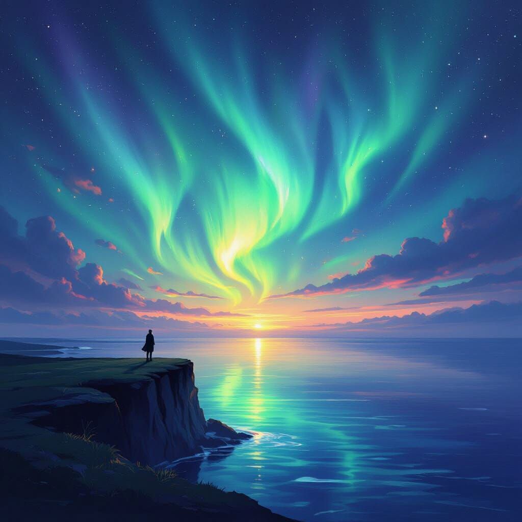 Lone Figure on Cliff Overlooking Aurora-Lit Ocean