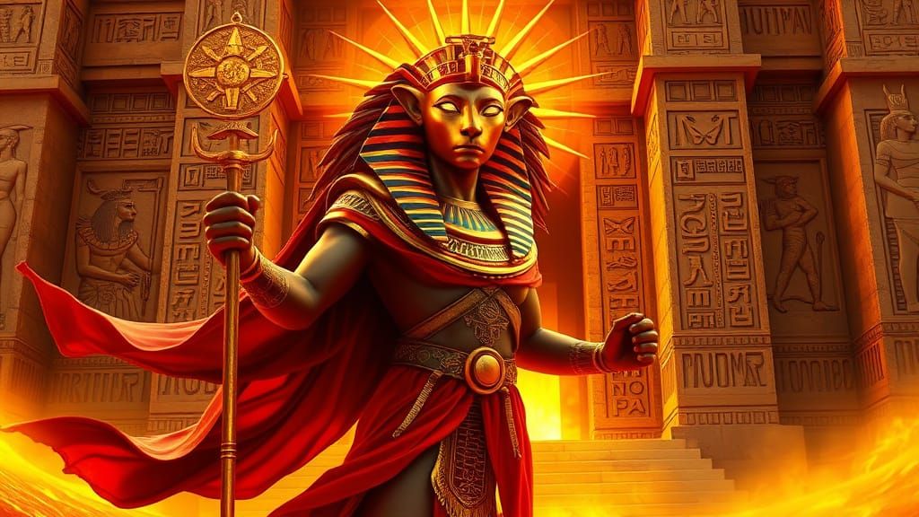 Egyptian Goddess Sekhmet Stands at Temple Entrance, Fierce D...