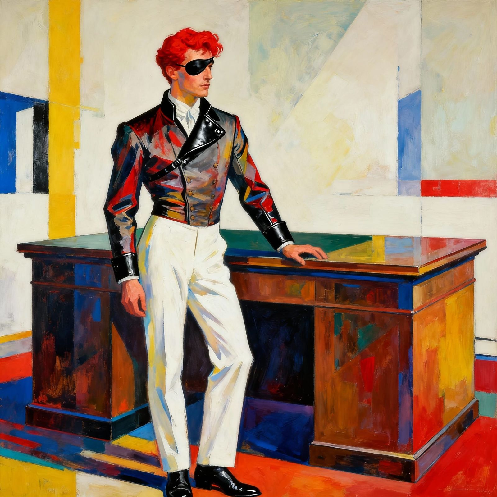 Man in Fitted Jacket and Eye Patch by Desk