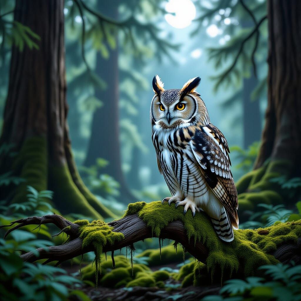 Majestic Owl Mimics Redwood Bark in Ethereal Forest