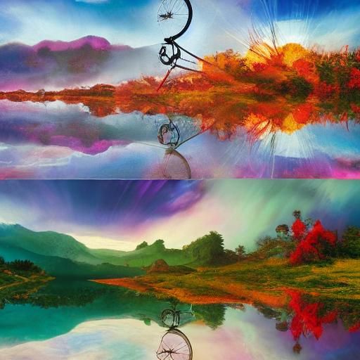 Fish Rides Penny-Farthing Bicycle in Gouache Style