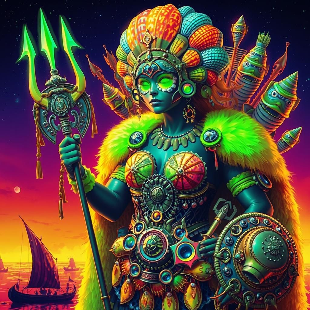 Clamshell Amazon Warrior Leads Fish Army, Syd Mead Style