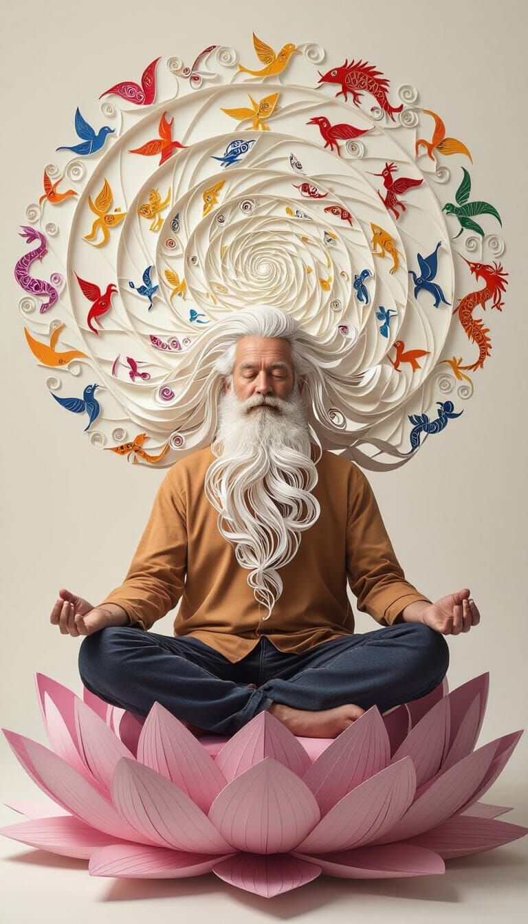 Paper Beard Meditating Man on Lotus