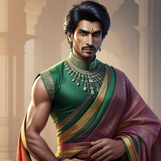 Masculine Model in Saree: Vivid Digital Art