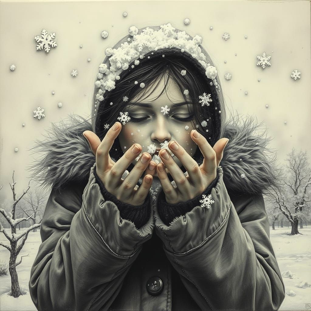 Surreal Charcoal Drawing of Snowflakes