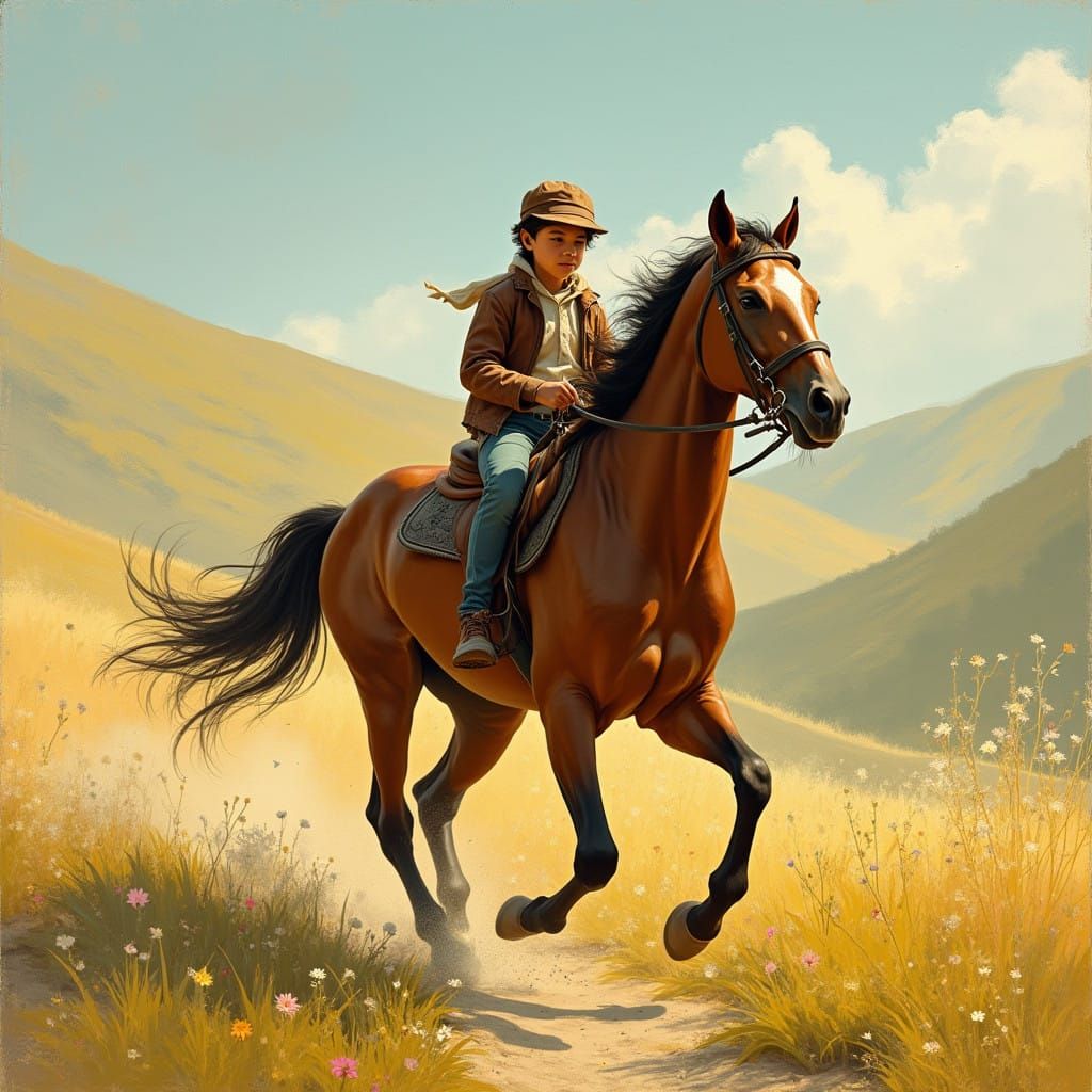 Boy on Galloping Horse Charged Toward Slope in Impressionist...