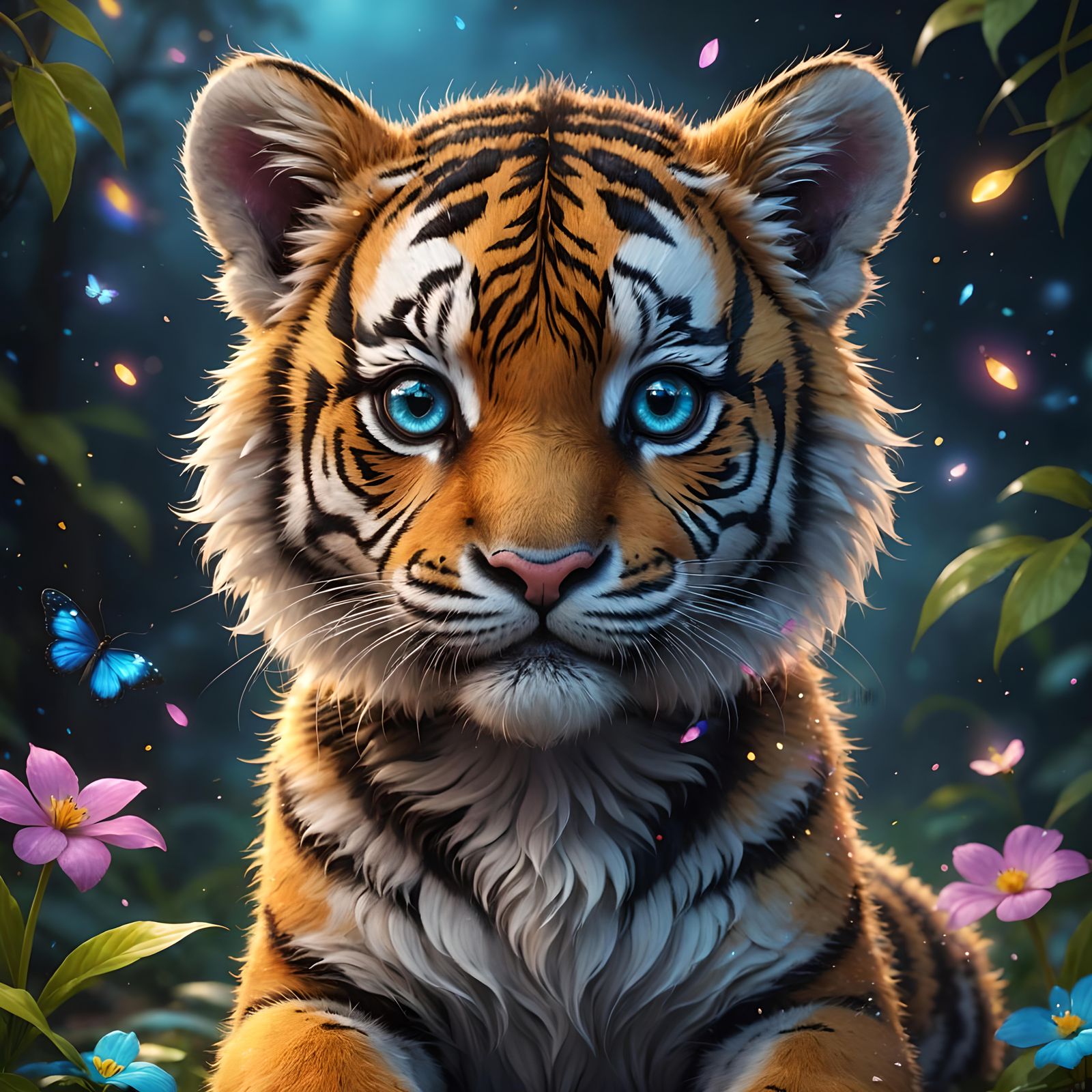 Rainbow Tiger with Fireflies in Hyper-Realistic Style