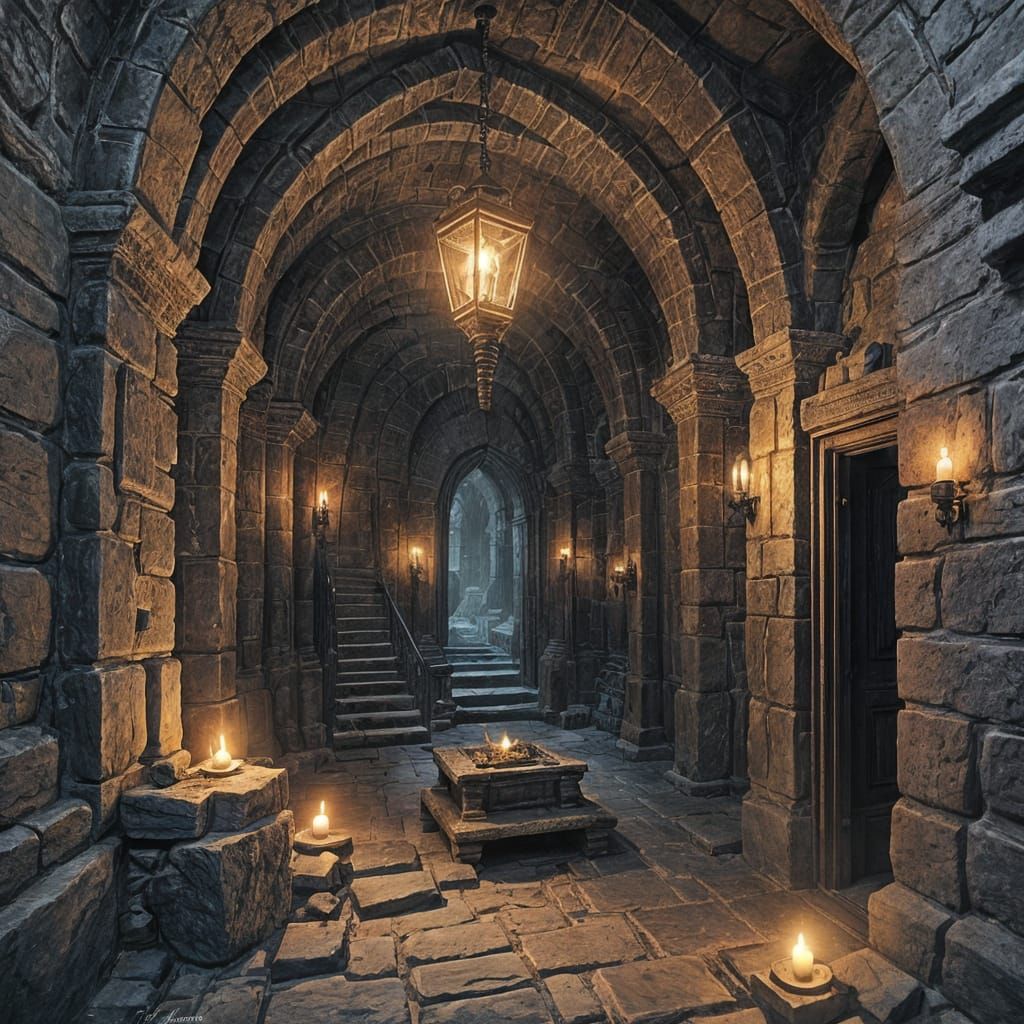 Mystical Dungeon with Glowing Artifact in Gothic Style