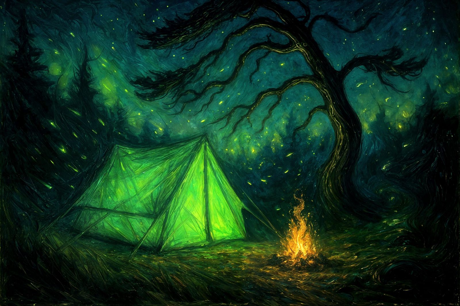 Neon Camping Scene as Impasto Oil Painting