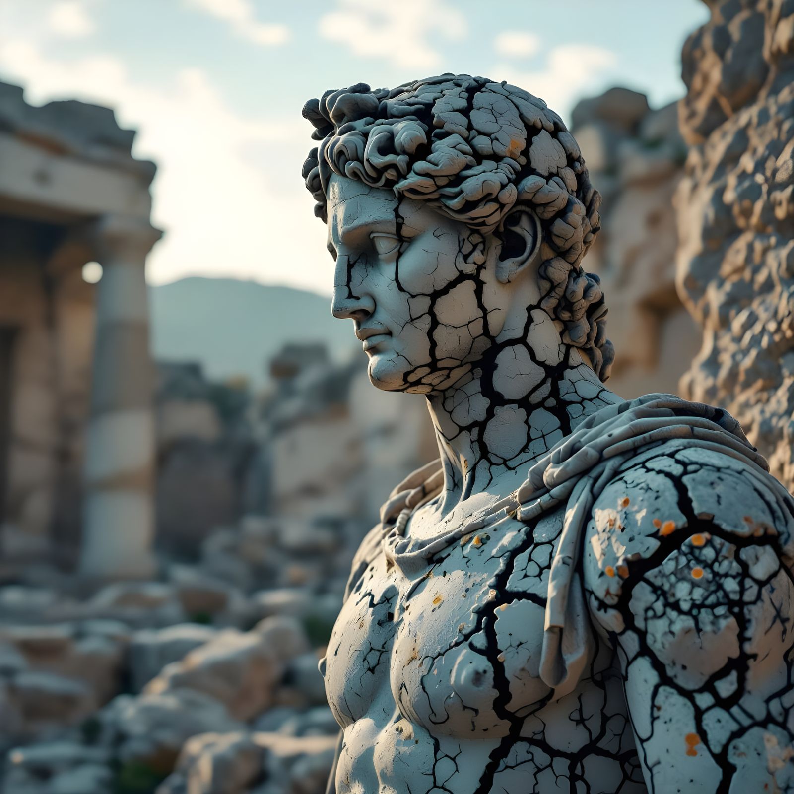 Apollo Statue with Bismuth Formations in Ruins