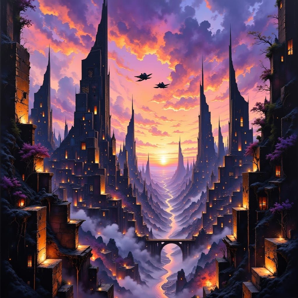 Twilight Cityscape in Retro-Futuristic Style