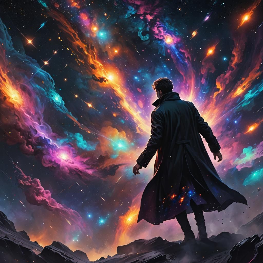Man Flying Through Galaxy in Space Fantasy Art