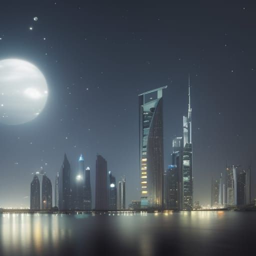 Dubai-like Metropolis at Night: Dark Fantasy Concept Art