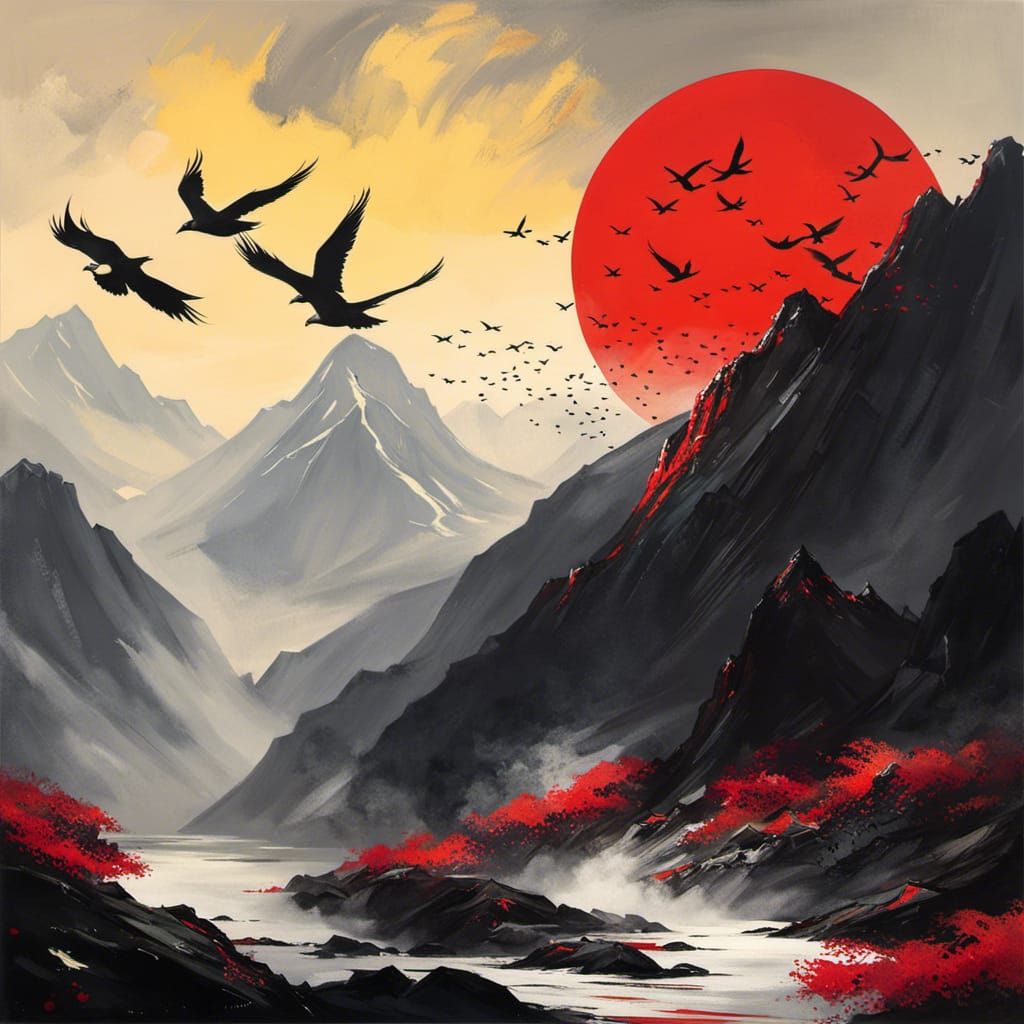 Mountain Vista in Bold Colors and East Asian Style