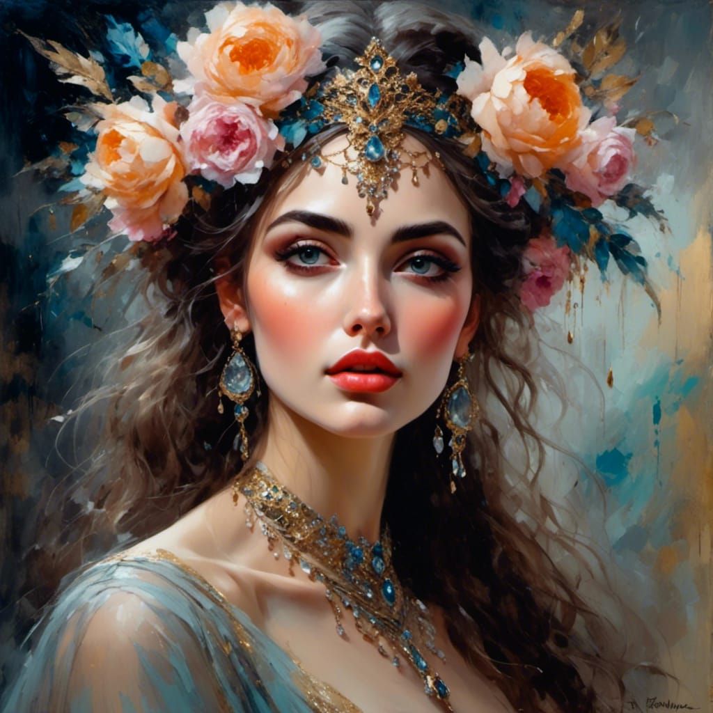 Beautiful Woman Portrait with Oil on Canvas Effect