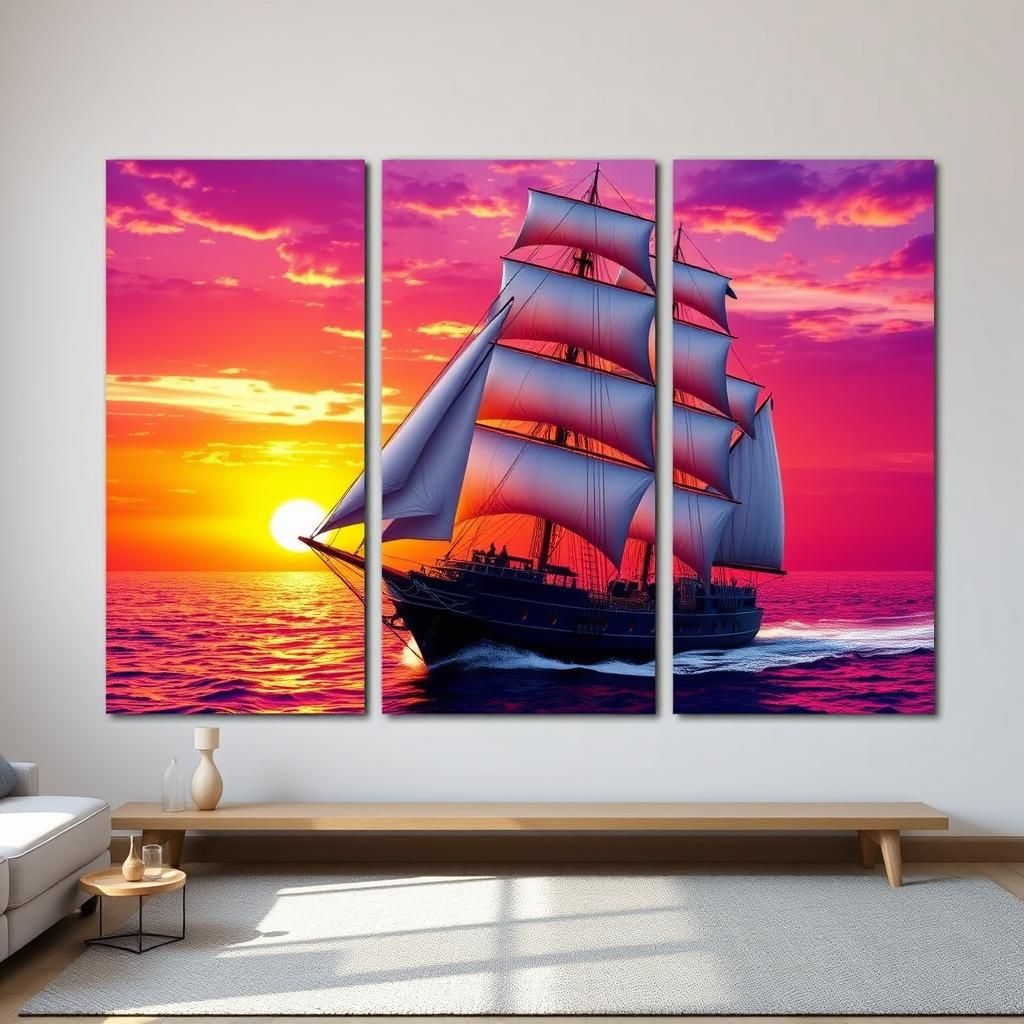 Sailing Vessel at Sunset: Three-Panel Wall Art