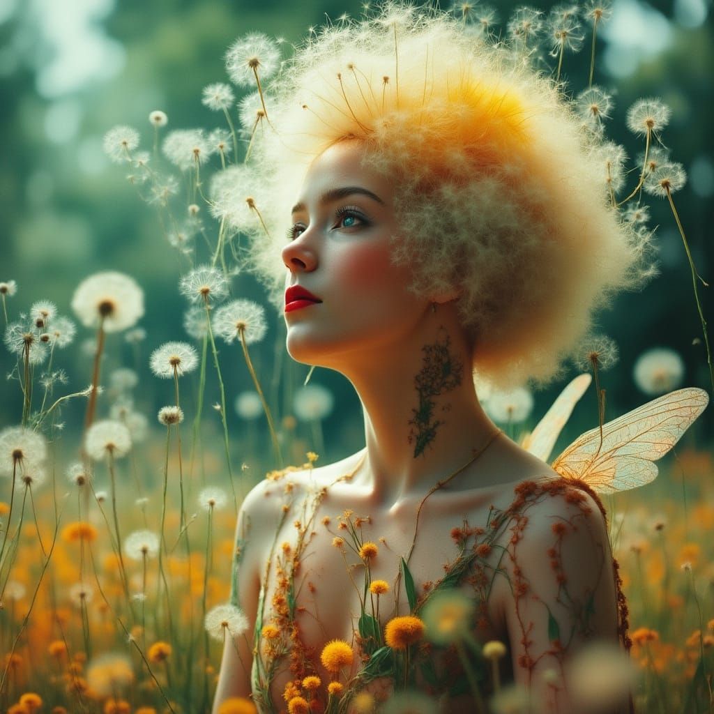 Dandelion Fairy Blowing Wisps in Fairypunk Style