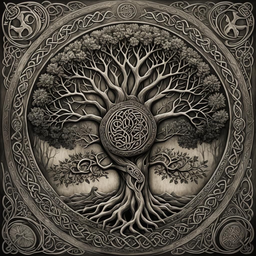 Mystical Celtic Tree Zodiac Charcoal Drawing