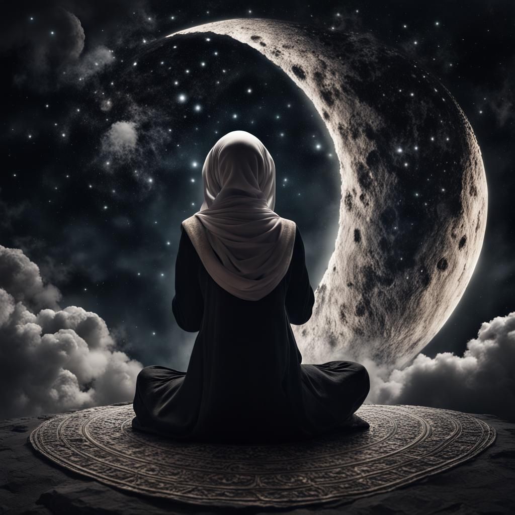 Muslim Girl Praying on the Moon in HDR