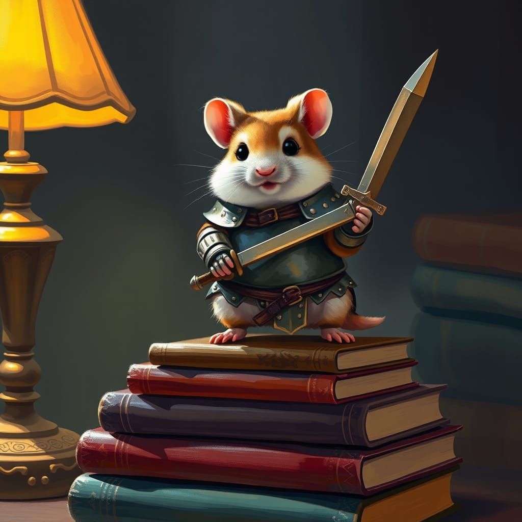 Heroic Hamster in Plate Mail, Amidst a Towering Library