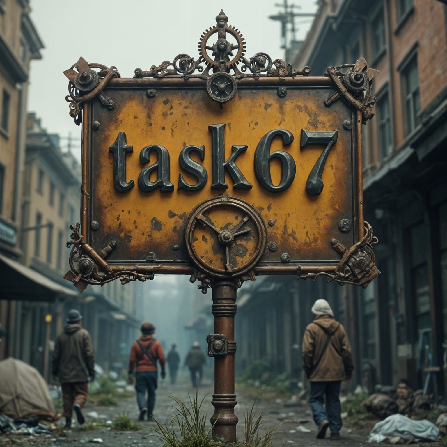 Steampunk Homeless Camp Sign in Romanesque Style