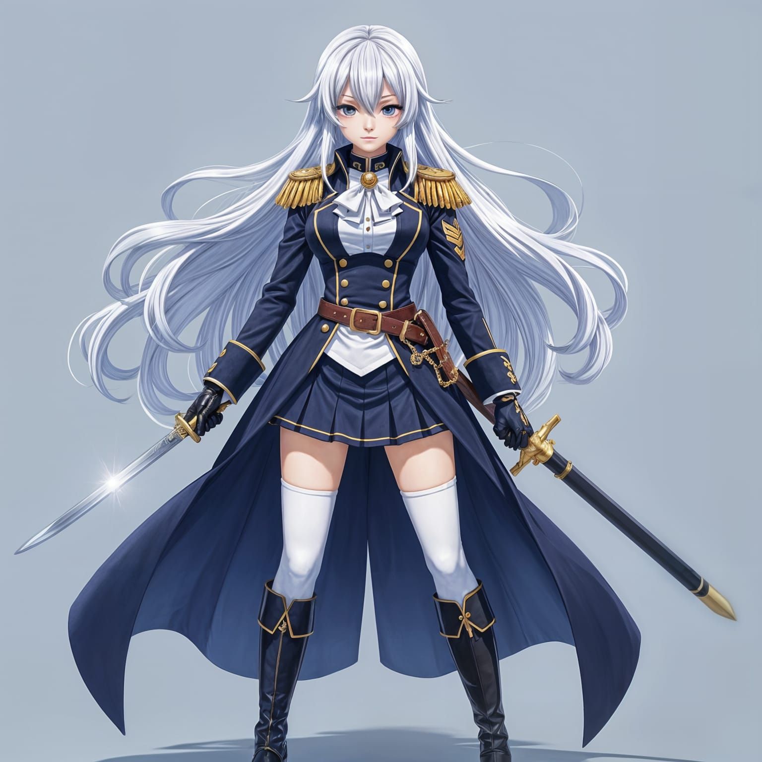 Anime Female Admiral with Sword in White Navy Uniform