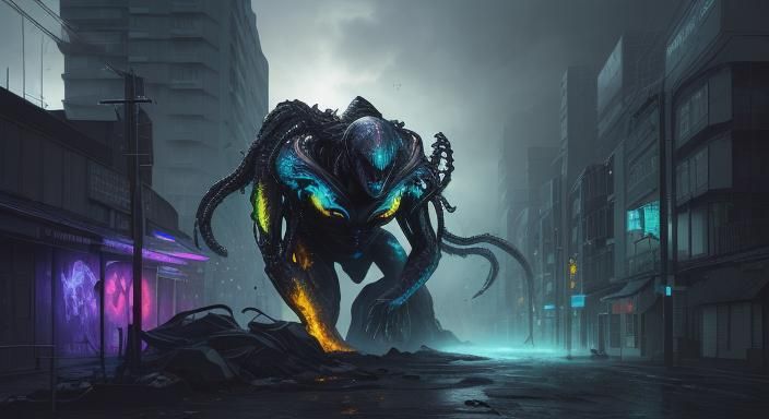 Hyperrealistic Alien in Backyard, Anime Graffiti Art