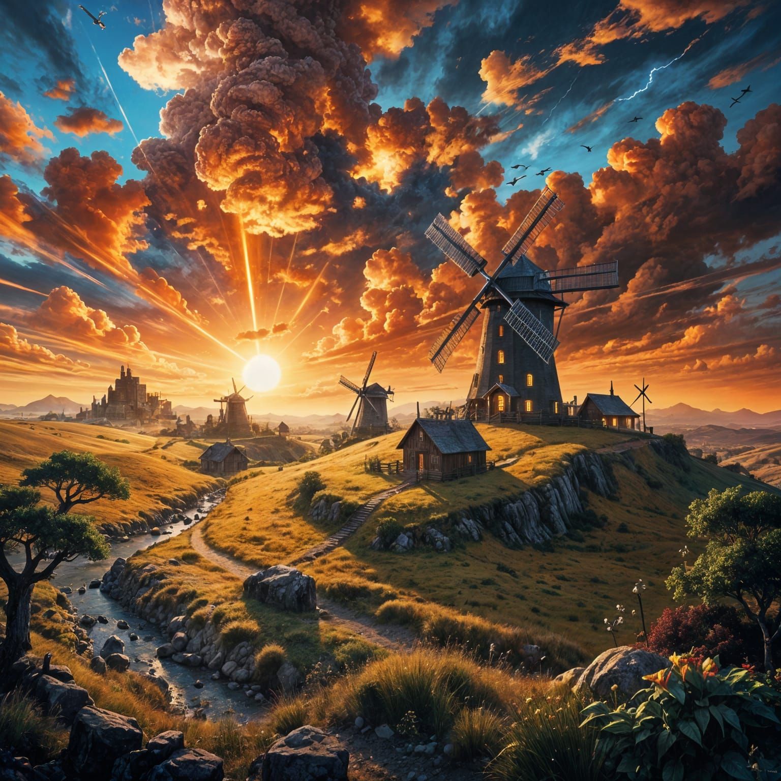 Whimsical Windmill Village in a Fantastical Landscape