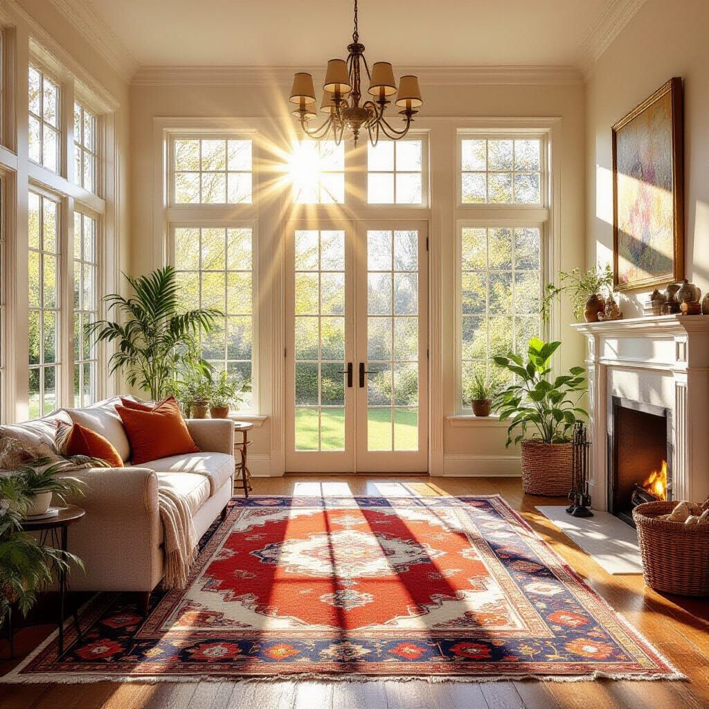 Sunlit Living Room with Garden View and Hearth Glow