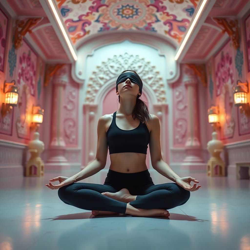 Contemplative Futuristic Yoga Scene in Pastel Goth Aesthetic
