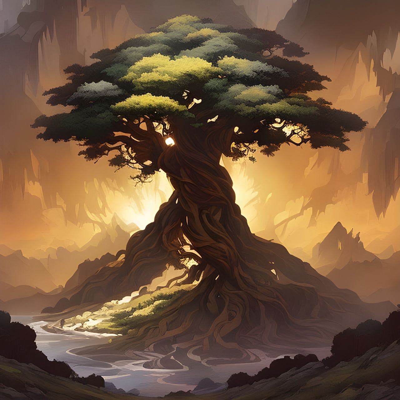 Spiraling Tree in Fantasy Landscape