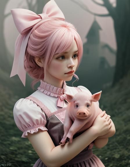 3D pretty pink fairy and her cute pet piglet with a pink bow...