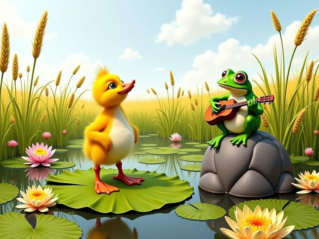 Duckling and Frog Serenade in Dreamy Children's Illustration...