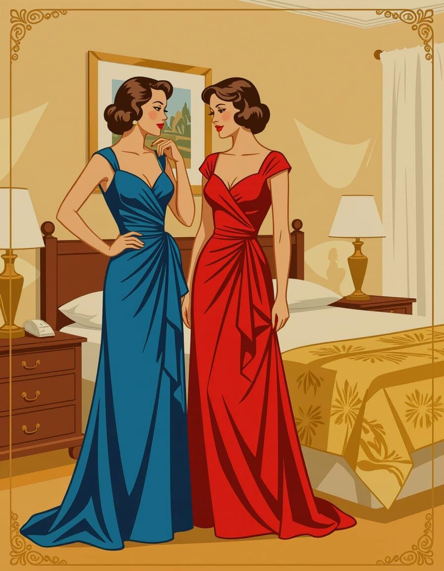 Woman Contemplating Dress Choice in Vintage Style