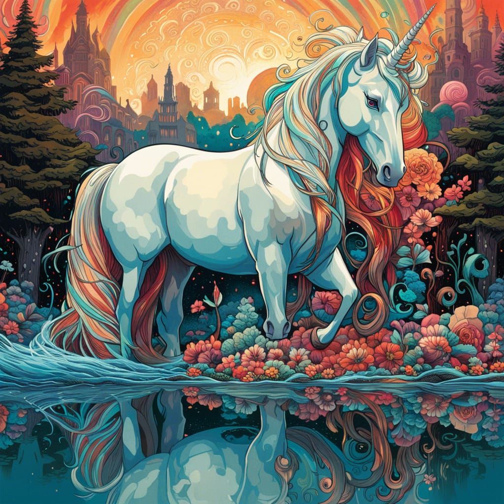 Unicorn Gazing at Reflection in Hyperrealistic Digital Art